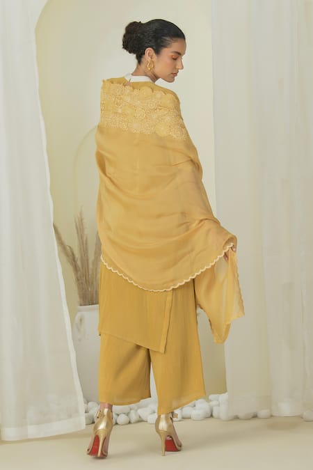 Shop Preeti Mehta Gold Georgette, Silk, Polyester, Organza Pearls, Kurta Set With Flower Dupatta at Aza Fashions Shop_Preeti Mehta_Gold Georgette, Silk, Polyester, Organza Pearls, Kurta Set With Flower Dupatta _at_Aza_Fashions