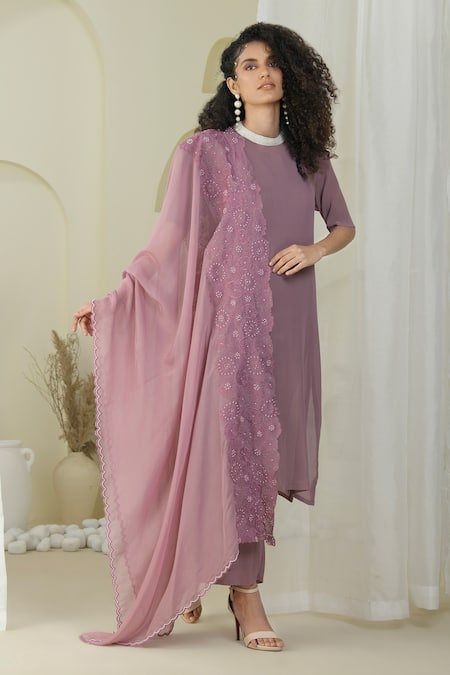 Shop_Preeti Mehta_Purple Georgette, Organza Pearls, Kurta Set With Flower Pattern Dupatta _Online_at_Aza_Fashions