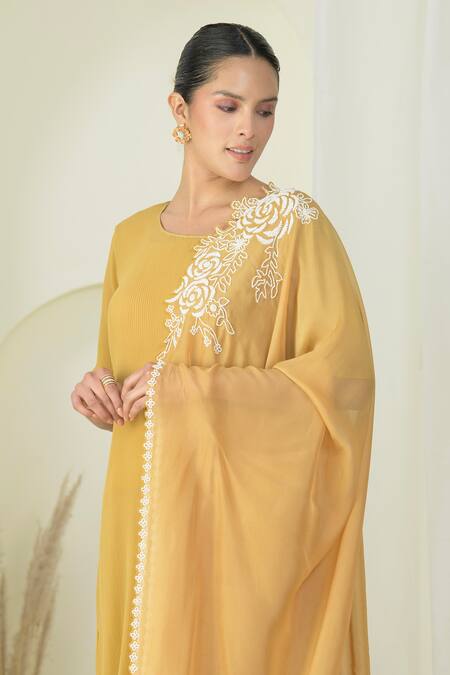 Buy Preeti Mehta Gold Georgette, Organza Pearls, Embroidery Round Neck Kurta Set With Dupatta Online at Aza Fashions Buy_Preeti Mehta_Gold Georgette, Organza Pearls, Embroidery Round Neck Kurta Set With Dupatta _Online_at_Aza_Fashions