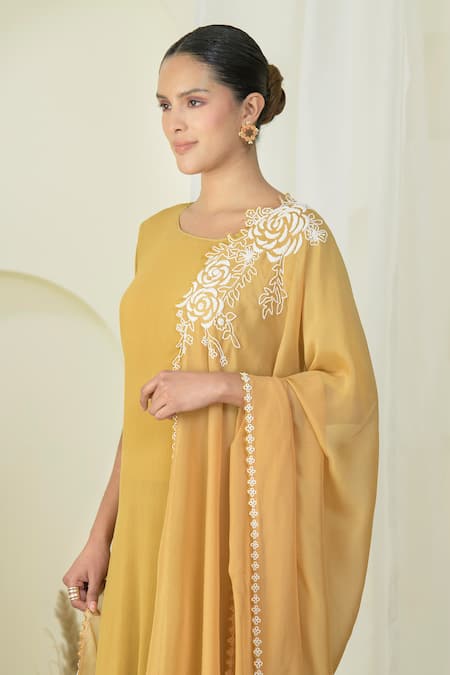 Shop Preeti Mehta Gold Georgette, Organza Pearls, Embroidery Round Neck Kurta Set With Dupatta Online at Aza Fashions Shop_Preeti Mehta_Gold Georgette, Organza Pearls, Embroidery Round Neck Kurta Set With Dupatta _Online_at_Aza_Fashions
