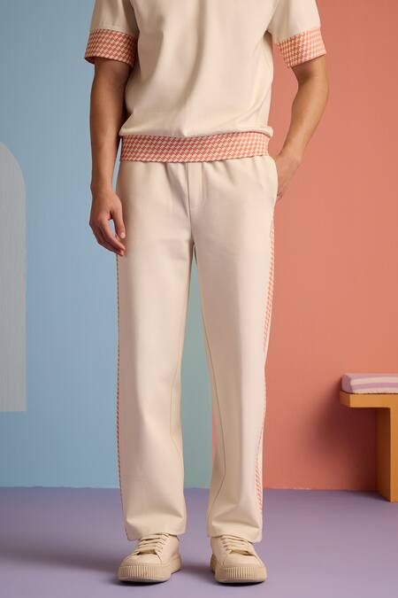 Muvazo_Beige Cotton, Polyester Seaside Perfection Hoodie T Shirt And Joggers Set _at_Aza_Fashions