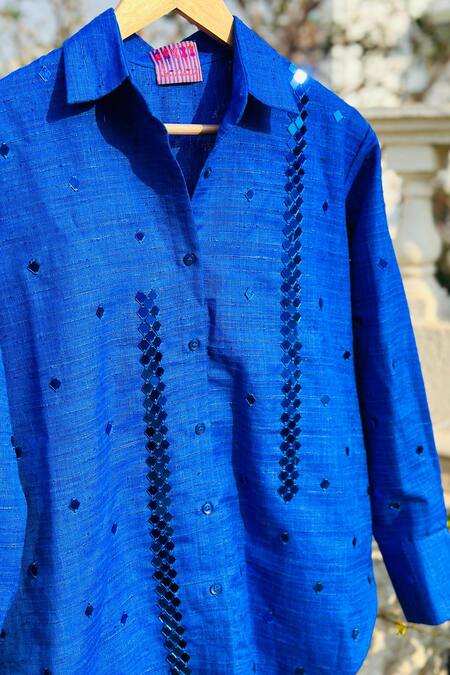 Nitara Dhanraj Label_Blue Silk Beads, Applique Collared Acrylic Glass Embroidered Shirt With Shorts _Online_at_Aza_Fashions