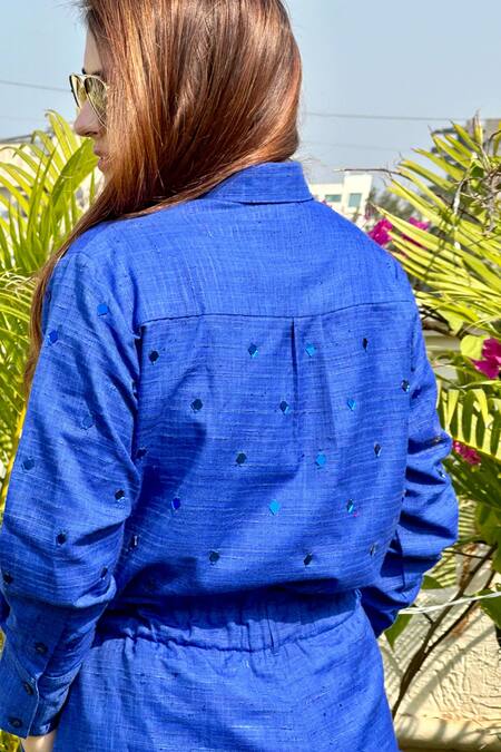 Nitara Dhanraj Label_Blue Silk Beads, Applique Collared Acrylic Glass Embroidered Shirt With Shorts _at_Aza_Fashions