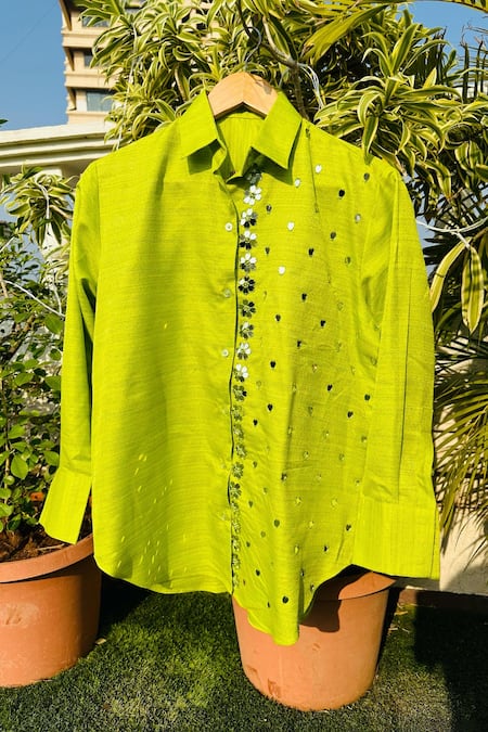 Nitara Dhanraj Label_Green Silk Beads Collared Acrylic Glass Embroidered Shirt With Skirt _Online_at_Aza_Fashions