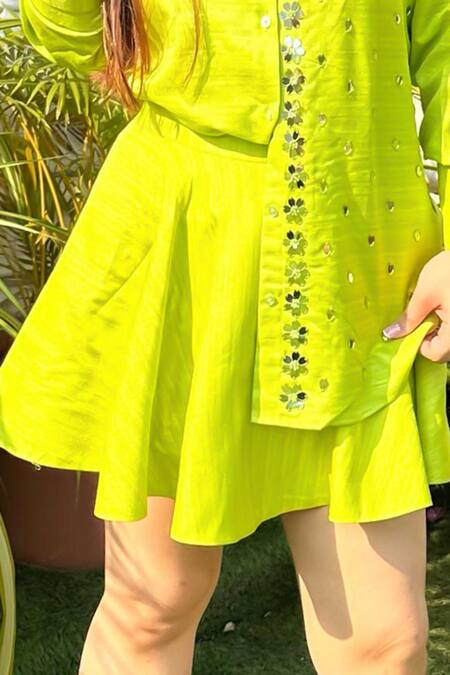 Nitara Dhanraj Label_Green Silk Beads Collared Acrylic Glass Embroidered Shirt With Skirt _at_Aza_Fashions