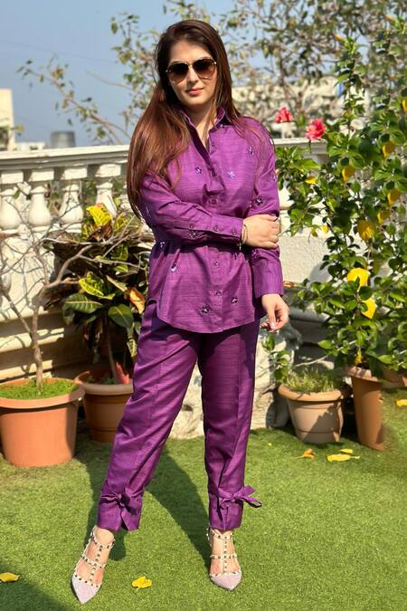 Buy Nitara Dhanraj Label Purple Silk Beads, Applique Floral Acrylic Glass Embroidered Shirt With Pant Online at Aza Fashions Buy_Nitara Dhanraj Label_Purple Silk Beads, Applique Floral Acrylic Glass Embroidered Shirt With Pant _Online_at_Aza_Fashions