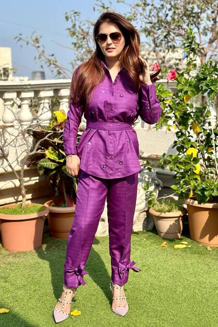 Shop Nitara Dhanraj Label Purple Silk Beads, Applique Floral Acrylic Glass Embroidered Shirt With Pant Online at Aza Fashions Shop_Nitara Dhanraj Label_Purple Silk Beads, Applique Floral Acrylic Glass Embroidered Shirt With Pant _Online_at_Aza_Fashions