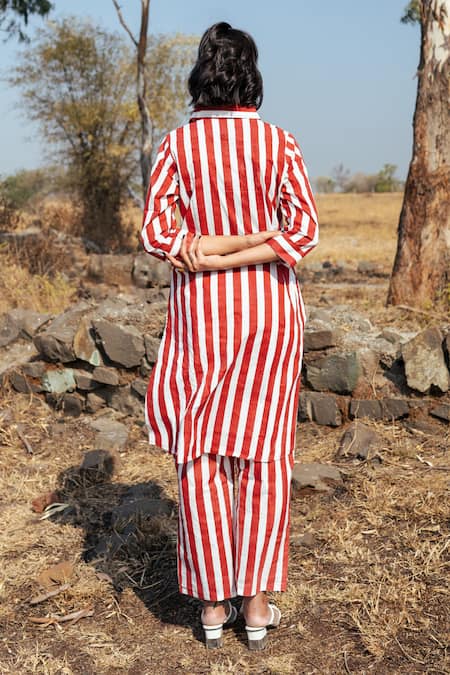 Marche Hand Block Print Striped Shirt & Trouser Set 