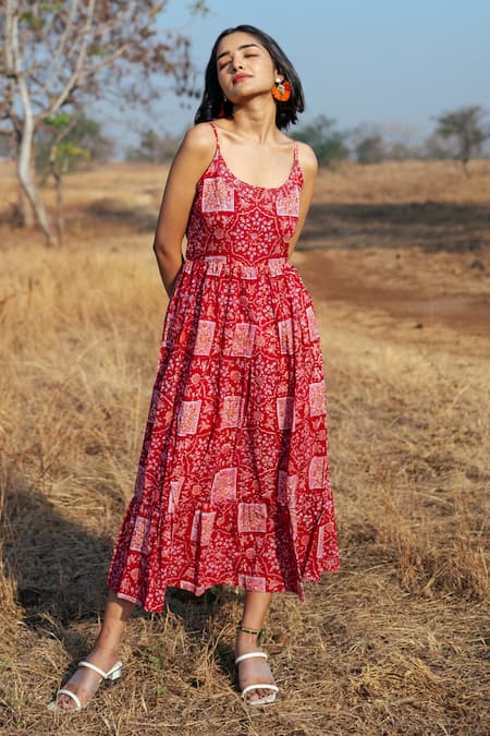 Marche Red Cotton Scoop Neck Bikaner Hand Block Print Dress Online at Aza Fashions Marche_Red Cotton Scoop Neck Bikaner Hand Block Print Dress_Online_at_Aza_Fashions