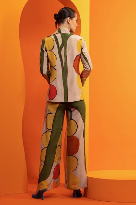 Shop_Nautanky_Beige Crepe Abstract Geometric Print Blazer And Pant Set _at_Aza_Fashions