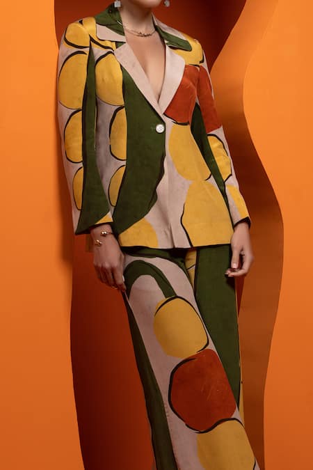 Shop_Nautanky_Beige Crepe Abstract Geometric Print Blazer And Pant Set _Online_at_Aza_Fashions