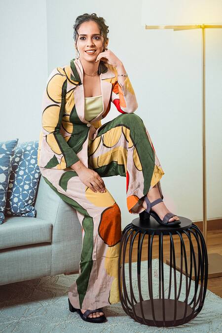 Nautanky_Beige Crepe Abstract Geometric Print Blazer And Pant Set _at_Aza_Fashions