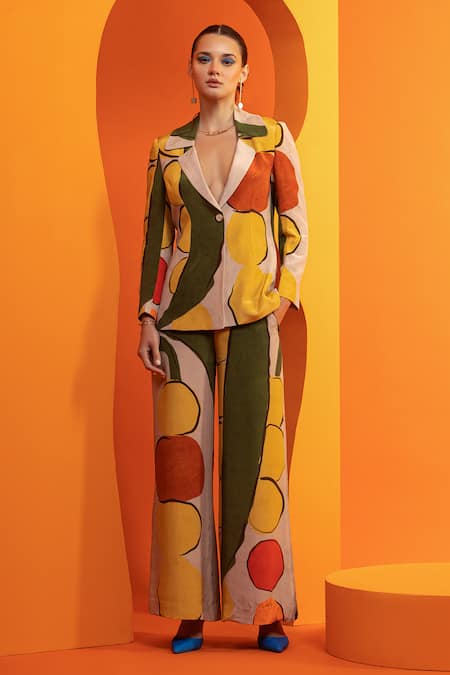 Buy_Nautanky_Beige Crepe Abstract Geometric Print Blazer And Pant Set 