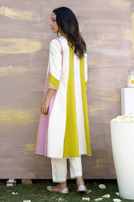 Nero India White Cotton Gota Patti V-neck Panelled Anarkali And Pant Set Online at Aza Fashions Nero India_White Cotton Gota Patti V-neck Panelled Anarkali And Pant Set _Online_at_Aza_Fashions