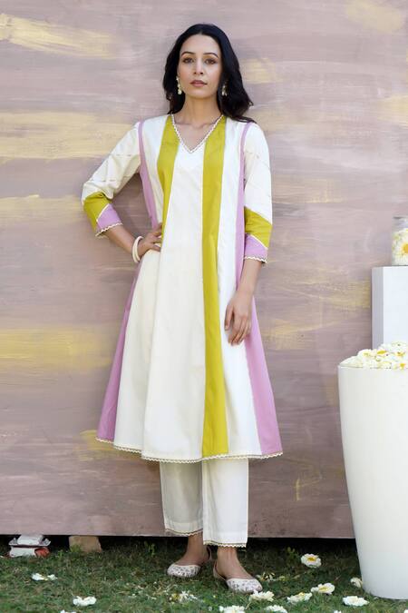 Buy Nero India White Cotton Gota Patti V-neck Panelled Anarkali And Pant Set Online at Aza Fashions Buy_Nero India_White Cotton Gota Patti V-neck Panelled Anarkali And Pant Set _Online_at_Aza_Fashions