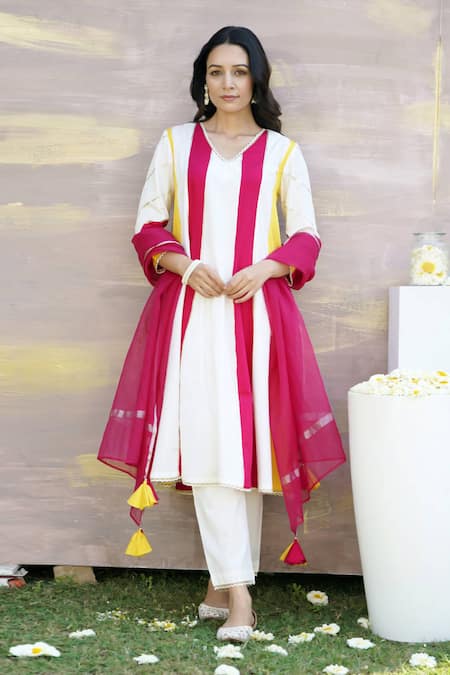 Nero India_Ivory , Satin Gota Panelled Lace Embellished Anarkali And Pant Set _Online_at_Aza_Fashions