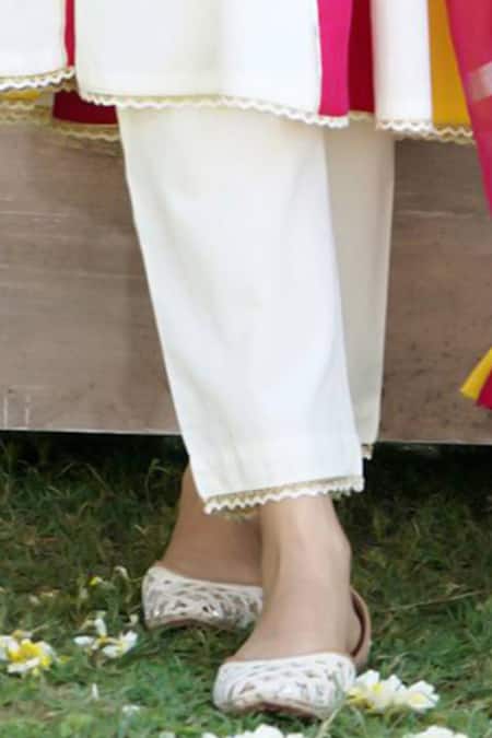 Buy_Nero India_Ivory , Satin Gota Panelled Lace Embellished Anarkali And Pant Set _Online_at_Aza_Fashions