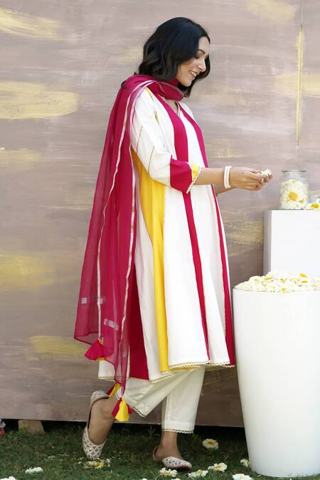 Shop_Nero India_Ivory , Satin Gota Panelled Lace Embellished Anarkali And Pant Set _Online_at_Aza_Fashions