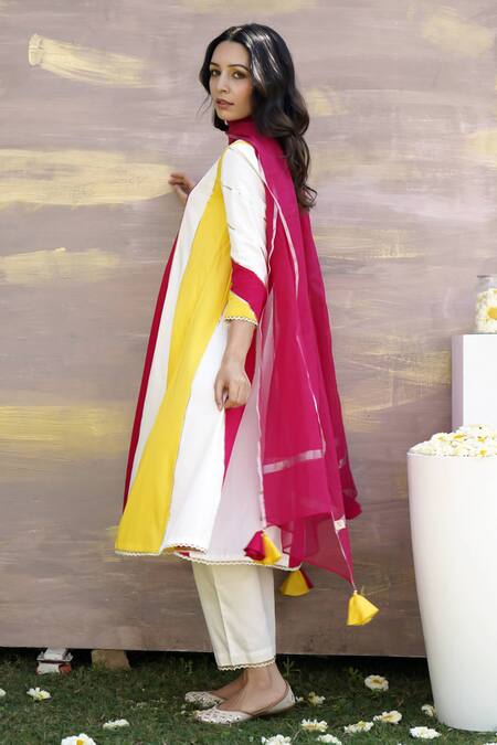 Nero India_Ivory , Satin Gota Panelled Lace Embellished Anarkali And Pant Set _at_Aza_Fashions