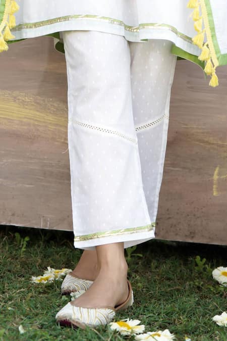 Shop Nero India Ivory Cotton Tassels V-neck Gota Lace Embellished Kaftan Tunic And Pant Set Online at Aza Fashions Shop_Nero India_Ivory Cotton Tassels V-neck Gota Lace Embellished Kaftan Tunic And Pant Set _Online_at_Aza_Fashions