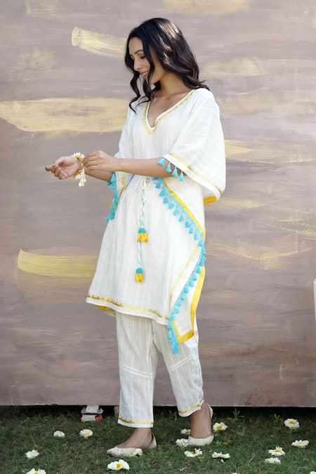 Nero India Ivory Cotton Dobby Embroidered Gota Embellished Tasseled Kaftan Tunic And Pant Set 