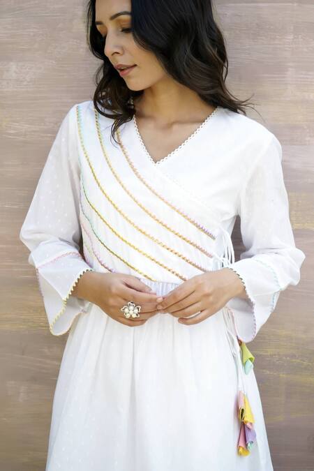 Shop Nero India White Cotton Tassels, Gota Patti Embellished Angarkha Anarkali And Dhoti Pant Set Online at Aza Fashions Shop_Nero India_White Cotton Tassels, Gota Patti Embellished Angarkha Anarkali And Dhoti Pant Set _Online_at_Aza_Fashions