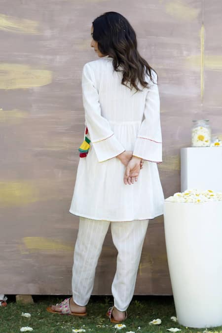 Nero India White Cotton Tassels Gota Lace Embellished Angarkha Anarkali And Dhoti Pant Set Online at Aza Fashions Nero India_White Cotton Tassels Gota Lace Embellished Angarkha Anarkali And Dhoti Pant Set _Online_at_Aza_Fashions