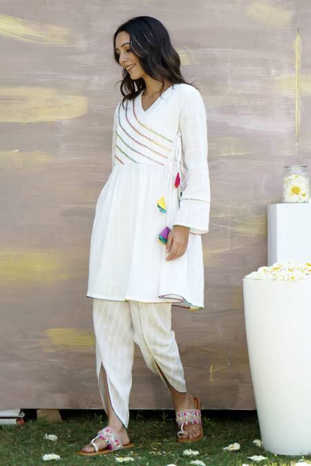 Buy Nero India White Cotton Tassels Gota Lace Embellished Angarkha Anarkali And Dhoti Pant Set Online at Aza Fashions Buy_Nero India_White Cotton Tassels Gota Lace Embellished Angarkha Anarkali And Dhoti Pant Set _Online_at_Aza_Fashions