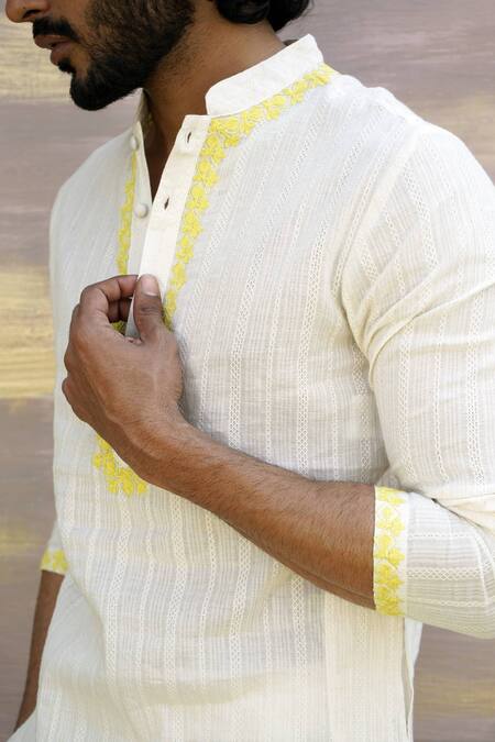 Buy Nero India Off White Cotton Embroidery Straight Dori Kurta Online at Aza Fashions Buy_Nero India_Off White Cotton Embroidery Straight Dori Kurta _Online_at_Aza_Fashions