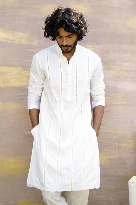 Shop Nero India White Cotton Satin Lace Embellished Straight Kurta Online at Aza Fashions Shop_Nero India_White Cotton Satin Lace Embellished Straight Kurta _Online_at_Aza_Fashions