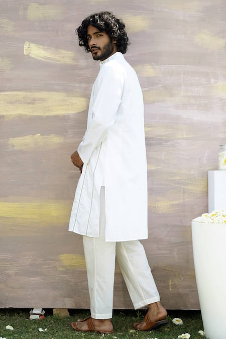 Shop_Nero India_White Cotton Satin Embroidered Lace Embellished Kurta _at_Aza_Fashions