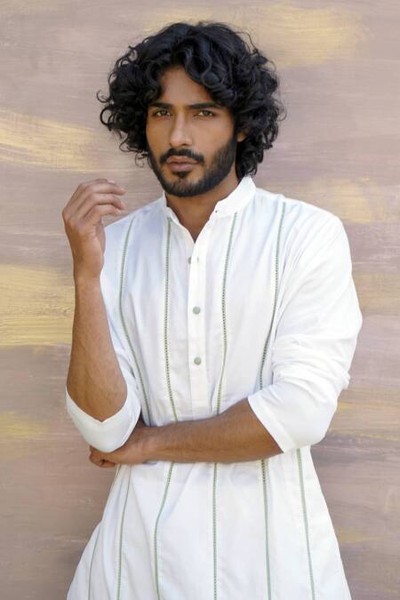 Shop_Nero India_White Cotton Satin Embroidered Lace Embellished Kurta _Online_at_Aza_Fashions