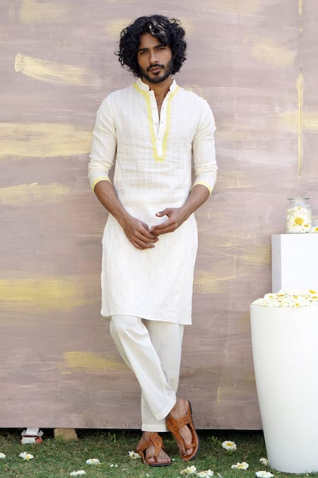 Buy_Nero India_Off White Cotton Embroidery Stripe Pattern Kurta And Pant Set _Online_at_Aza_Fashions