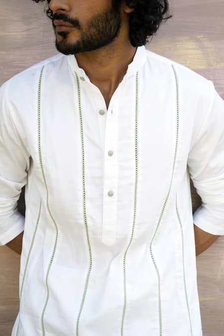 Nero India_White Cotton Satin Lace Embroidered Kurta And Pant Set _Online_at_Aza_Fashions