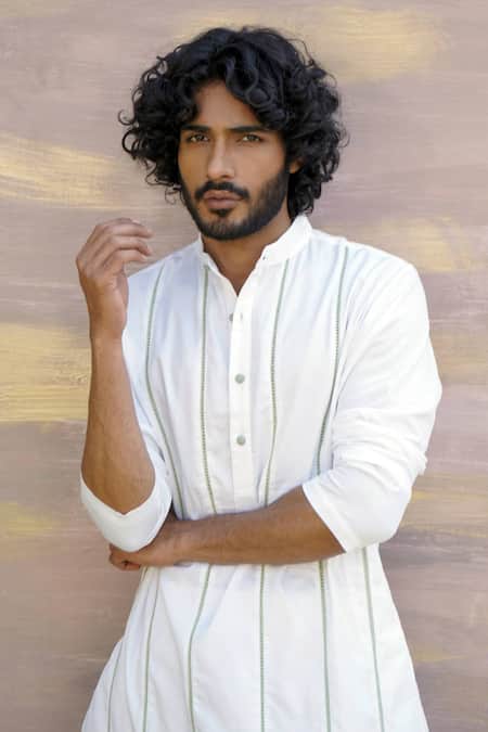 Nero India_White Cotton Satin Lace Embroidered Kurta And Pant Set _at_Aza_Fashions