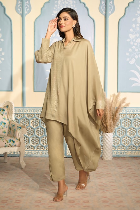 Two Sisters By Gyans x AZA Brown Georgette Embroidered Sequin Collar Kaftan And Pant Set 