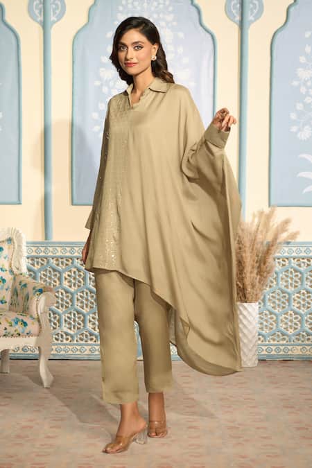 Buy_Two Sisters By Gyans X AZA_Brown Georgette Sequins Collared Embroidered Kaftan And Pant Set _Online_at_Aza_Fashions