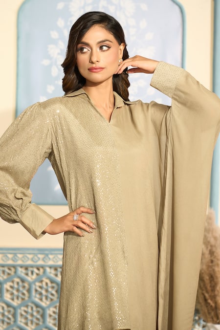 Buy_Two Sisters By Gyans X AZA_Brown Georgette Sequins Collared Embroidered Kaftan And Pant Set 