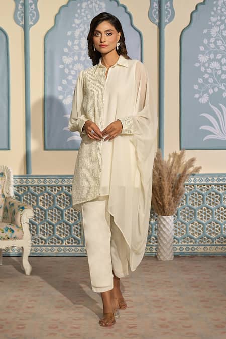 Two Sisters By Gyans x AZA White Georgette Embroidered Sequin Collar Embellished Kaftan And Pant Set
