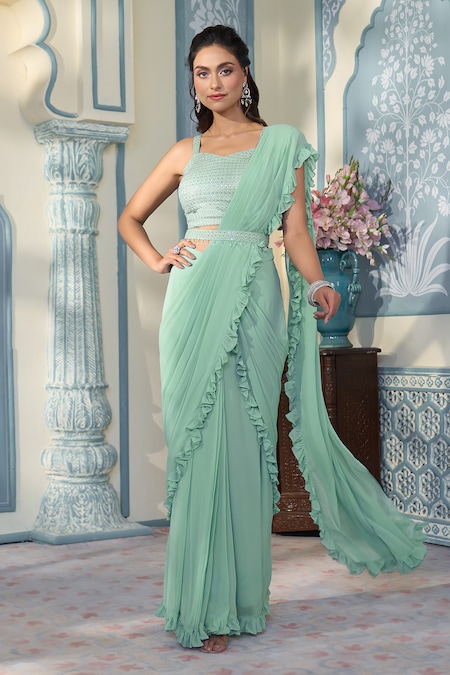 Two Sisters By Gyans x AZA Green Georgette Embellished Pre-draped Ruffle Saree With Blouse 