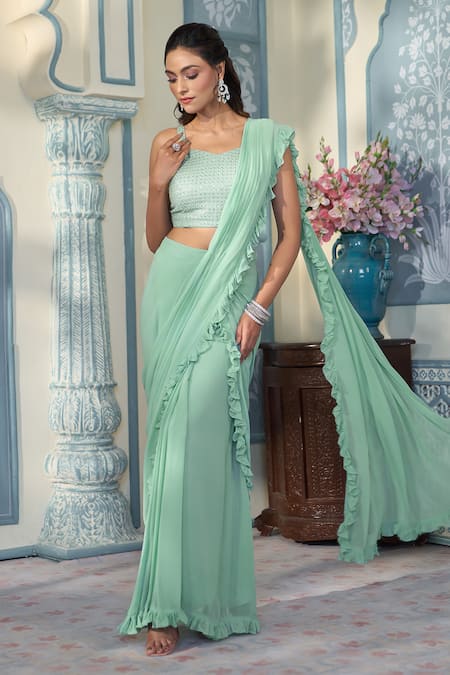 Two Sisters By Gyans x AZA Green Georgette Embellished Sequin Pre-draped Ruffle Saree With Blouse  4