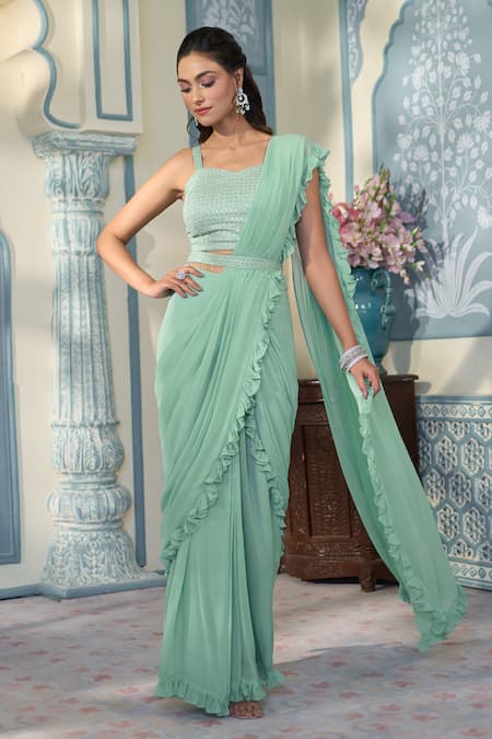 Two Sisters By Gyans x AZA Green Georgette Embellished Sequin Pre-draped Ruffle Saree With Blouse  7