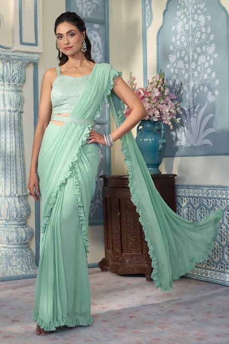 Two Sisters By Gyans x AZA Green Georgette Embellished Sequin Pre-draped Ruffle Saree With Blouse  8