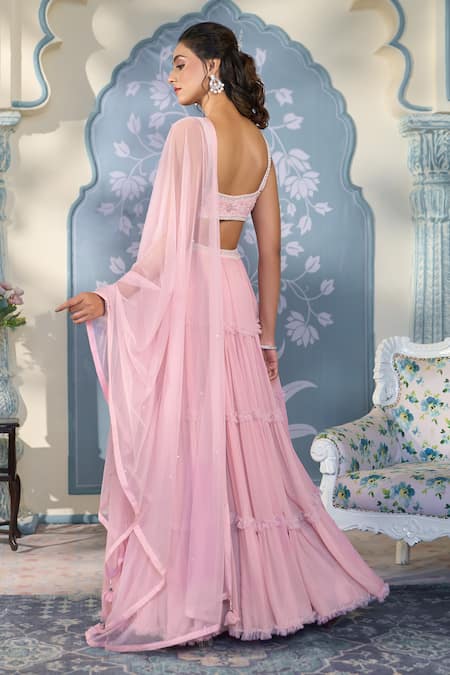 Two Sisters By Gyans x AZA_Pink Georgette Crystals, Cut Work, Pearls, Victorian Tiered Lehenga Blouse Set _Online_at_Aza_Fashions