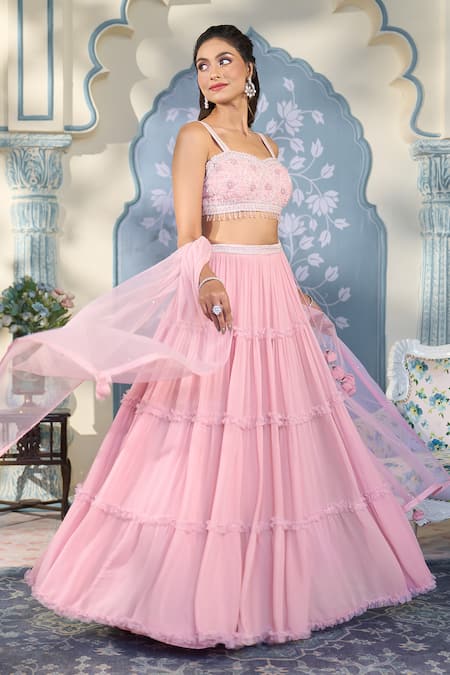 Two Sisters By Gyans x AZA_Pink Georgette Crystals, Cut Work, Pearls, Victorian Tiered Lehenga Blouse Set _at_Aza_Fashions