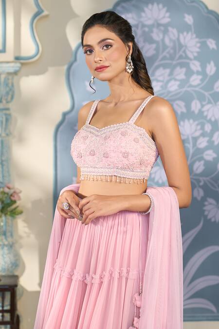 Buy_Two Sisters By Gyans x AZA_Pink Georgette Crystals, Cut Work, Pearls, Victorian Tiered Lehenga Blouse Set 
