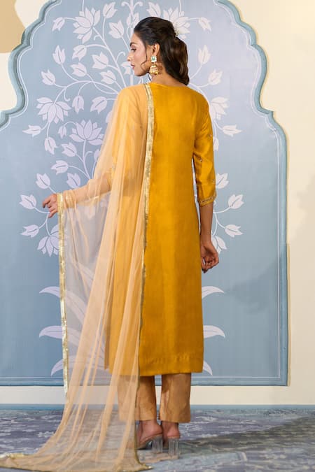 Two Sisters By Gyans X AZA_Yellow Satin, Organza Embroidery Split V-neck Zardozi Kurta Pant Set _Online_at_Aza_Fashions