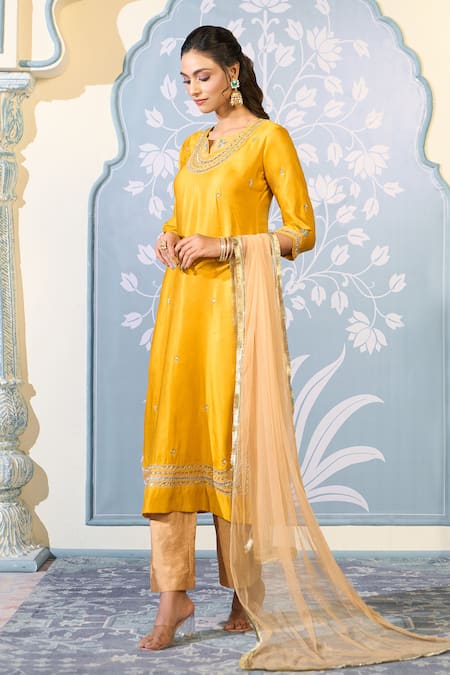 Shop_Two Sisters By Gyans X AZA_Yellow Satin, Organza Embroidery Split V-neck Zardozi Kurta Pant Set _Online_at_Aza_Fashions