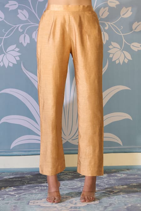 Two Sisters By Gyans X AZA_Yellow Satin, Organza Embroidery Split V-neck Zardozi Kurta Pant Set _at_Aza_Fashions