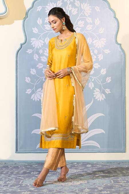 Shop_Two Sisters By Gyans X AZA_Yellow Satin, Organza Embroidery Split V-neck Zardozi Kurta Pant Set 